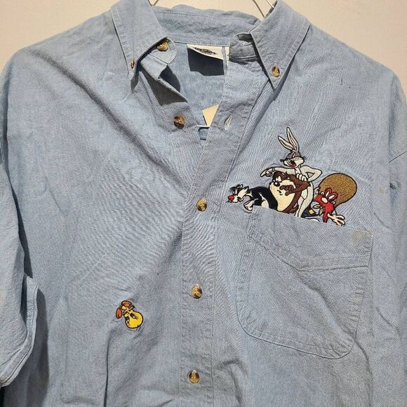 Vintage Looney Tunes Warner Bros Studio Store Men's Denim Shirt Size M 1996 - Picture 3 of 12